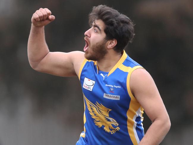 Adam Amin celebrates a goal during last year’s finals series. Picture: David Crosling