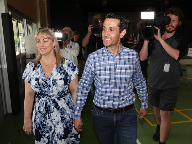 Opposition Leader David Crisafulli with wife Tegan, voting at Springwood State High School. Picture: Liam Kidston