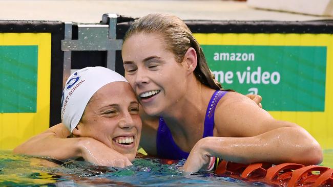 Madeleine Gough after winning the Women's 1500 metre Freestyle final and Kiah Melverton who also qualified during the Australian National Olympic Swimming Trials. (Photo by Mark Brake/Getty Images)