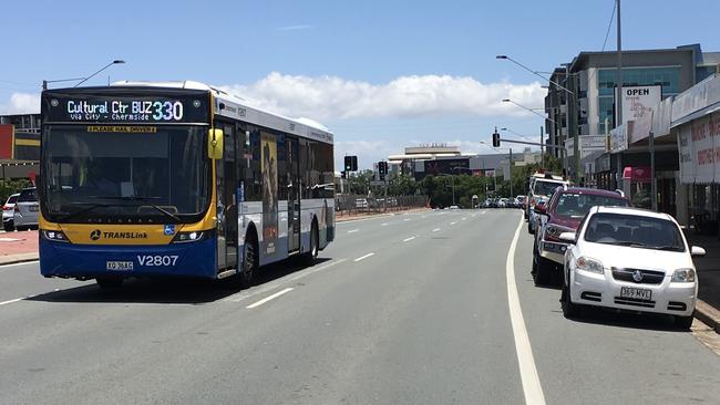 A CBD bound bus passes a section of Gympie Road, Chermside that will have designated bus lanes by 2020. Picture: Darren Cartwright