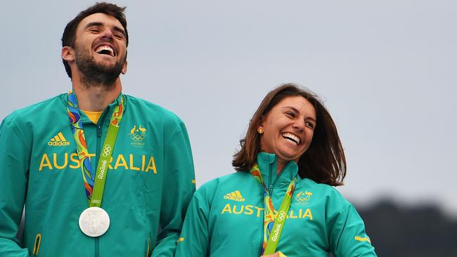 Nacra 17 skipper Jason Waterhouse and Lisa Darmanin after winning the silver medal at the Rio Olympics.