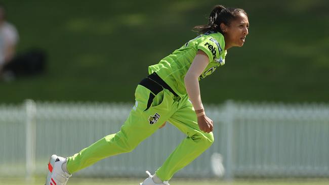 Shabnim Ismail of the Thunder bowls during the Women's Big Bash League WBBL match between the Sydney Thunder and the Hobart Hurricanes at Drummoyne Oval. Picture: Mark Metcalfe/Getty Images