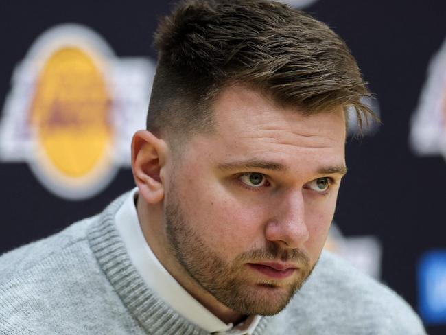 EL SEGUNDO, CALIFORNIA - FEBRUARY 04: Luka Doncic of the Los Angeles Lakers looks on during a press conference at UCLA Health Training Center on February 04, 2025 in El Segundo, California.   Harry How/Getty Images/AFP (Photo by Harry How / GETTY IMAGES NORTH AMERICA / Getty Images via AFP)