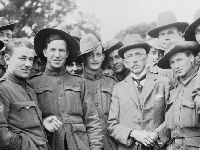 Wartime prime minister Billy Hughes, seen here in France with soldiers of the Australian Imperial Force, cherished his nickname, “the Little Digger”. P03155.004