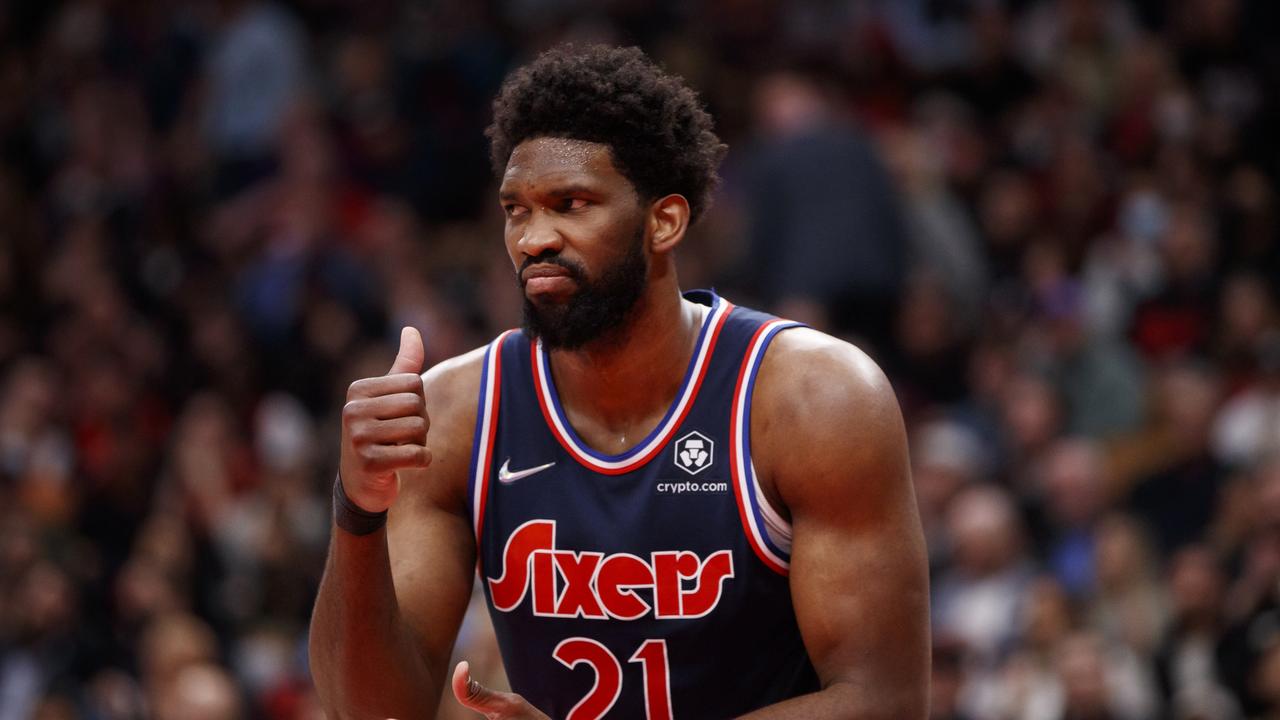 Joel Embiid has a broken face. (Photo by Cole Burston/Getty Images)