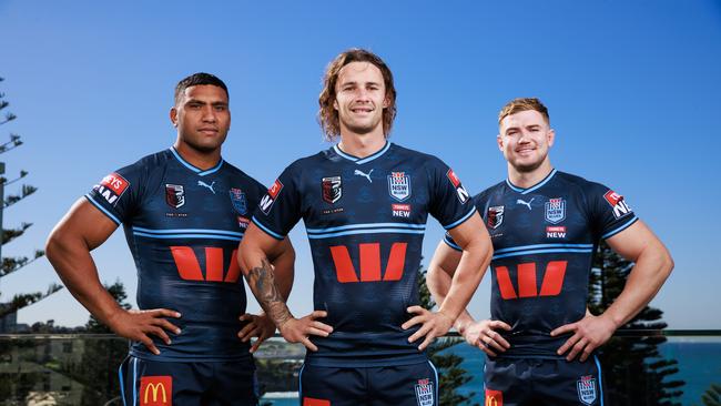 NSW Blues debutants Tevita Pangai Jr, Nicho Hynes and Hudson Young. Picture: Justin Lloyd.