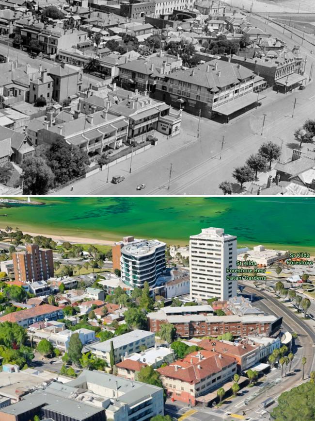 The corner of Acland St and Fitzroy St in the early 20th Century, and how it appears now. The corner marks the spot of the original St Kilda land block. Pictures: State Library if Victoria, Google.