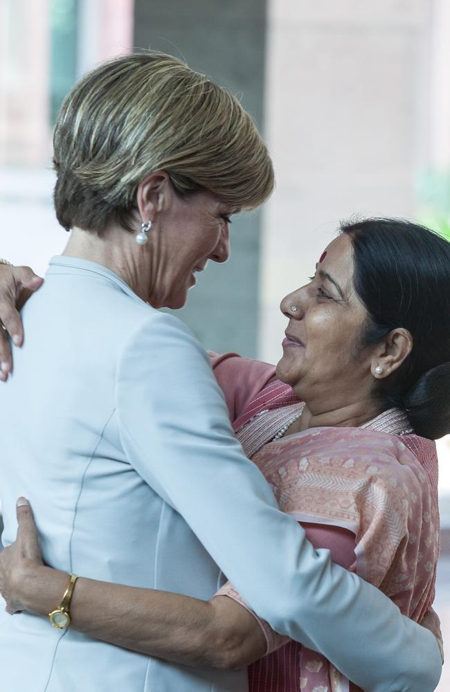 Julie Bishop forged strong relationships with fellow female foreign ministers, including India’s Sushma Swaraj. Picture: by Graham Crouch