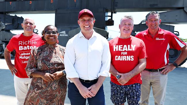 Queensland Premier Steven Miles launches the Labor Party's state election campaign with a function and speeches at the Austal shipyard in the Port of Cairns in Far North Queensland. Labor candidate for Mulgrave Richie Bates, Member for Cook Cynthia Lui, Queensland Premier Steven Miles, Member for Cairns Michael Healy and Member for Barron River Craig Crawford stand between the giant gantries of a shiplift in the Austal shipyard, Cairns. Picture: Brendan Radke