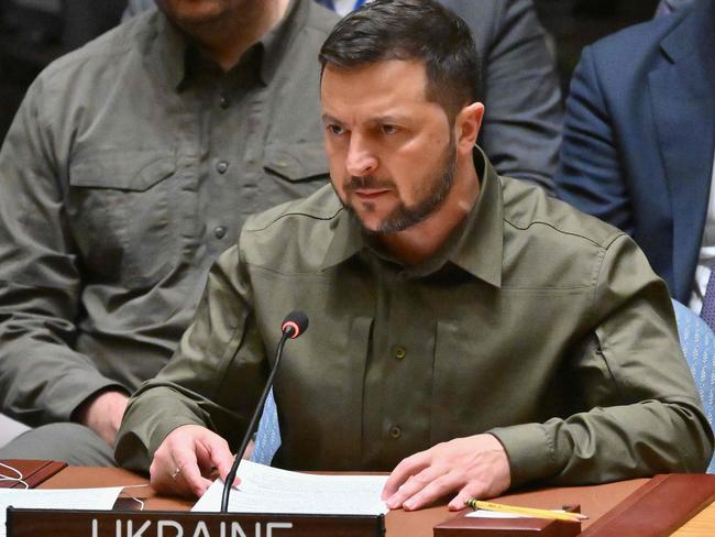 Ukrainian President Volodymyr Zelenskyy speaks during a high level Security Council meeting on the situation in Ukraine on the sidelines of the 78th UN General Assembly, at UN headquarters in New York City on September 20, 2023. (Photo by ANGELA WEISS / AFP)