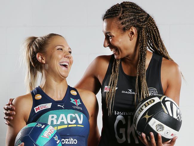 Magpies co-captain Geva Mentor (right) with Melbourne Vixens captain Kate Moloney. Picture: Getty Images