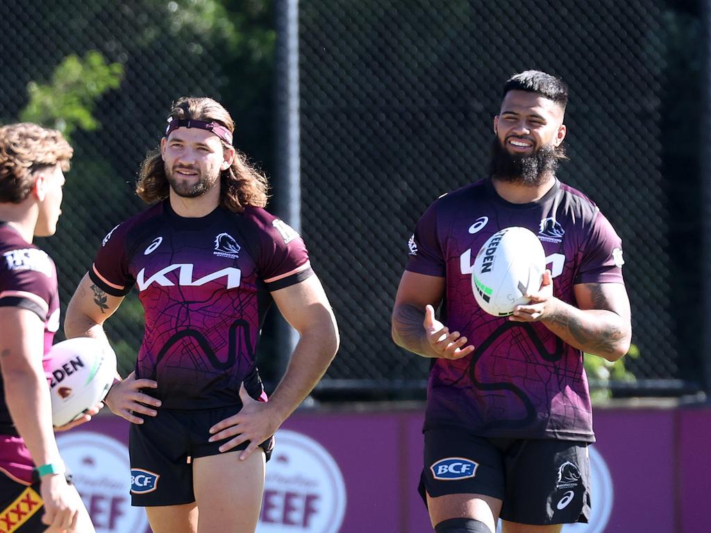 Payne Haas (right) has returned to Broncos training, as he edges closer to a shock return. Picture: Liam Kidston