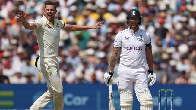 Josh Hazlewood appeals for the wicket of Ben Stokes on day one. Picture: Getty Images