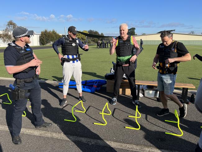 The Bounce boys Cameron Mooney, Andrew Gaze and Ben Dixon at Victoria's police academy. Picture: Supplied