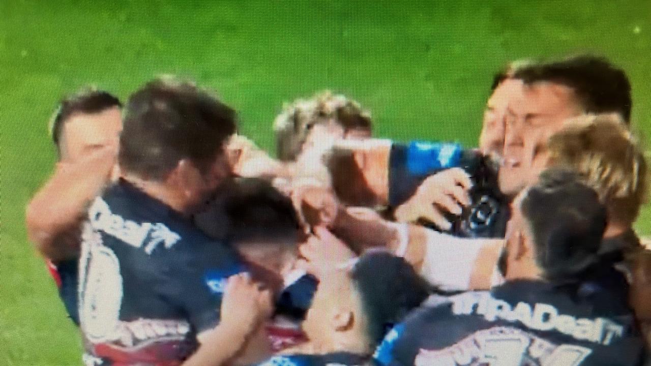 Victor Radley in the middle of a melee that saw him put on report for an alleged headbutt. Picture: Fox League