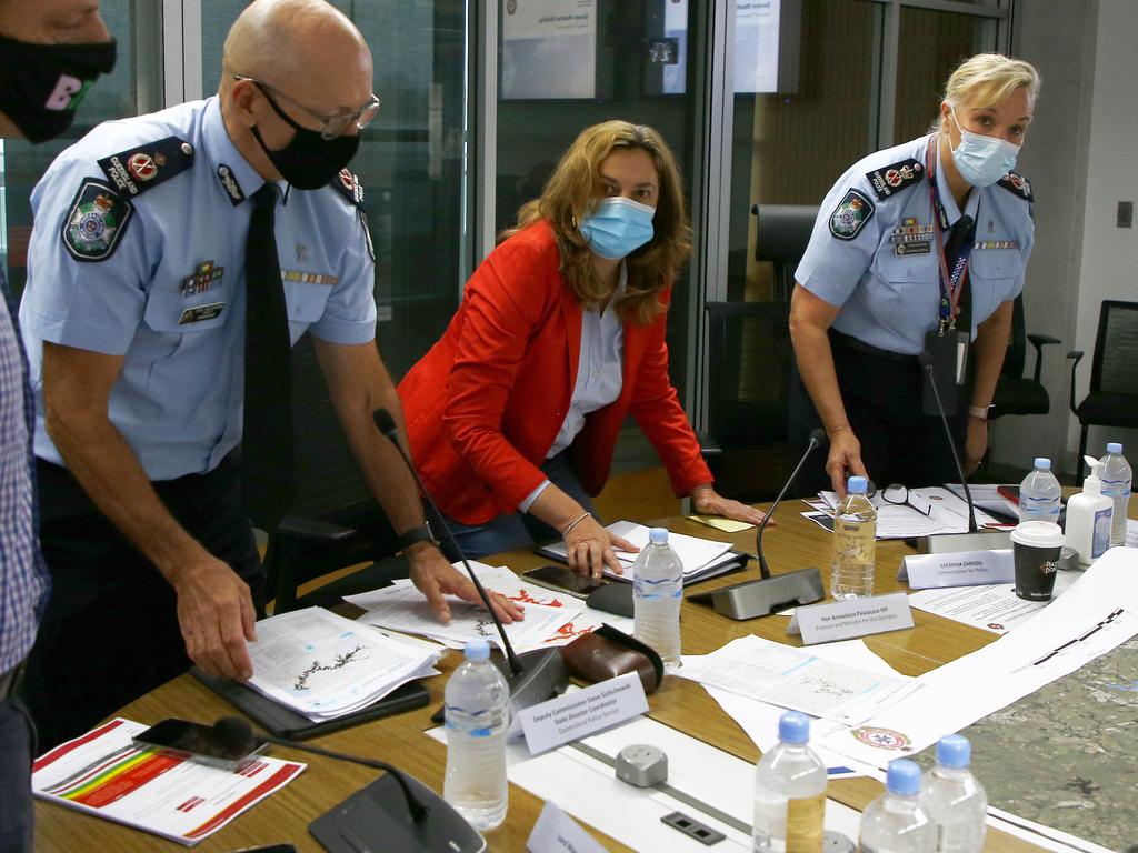 Queensland Premier Annastacia Palaszczuk in the operations room at the Kedron Emergency Services Complex with Deputy Commissioner Steve Gollschewski and Commissioner Katarina Carroll. Picture: NCA NewsWire/Tertius Pickard