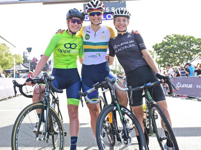 Ruby Roseman-Gannon, Rebecca Wiasak and Sarah Gigante ahead of Stage 2 of the Bay Crits in Geelong. Picture: Stephen Harman