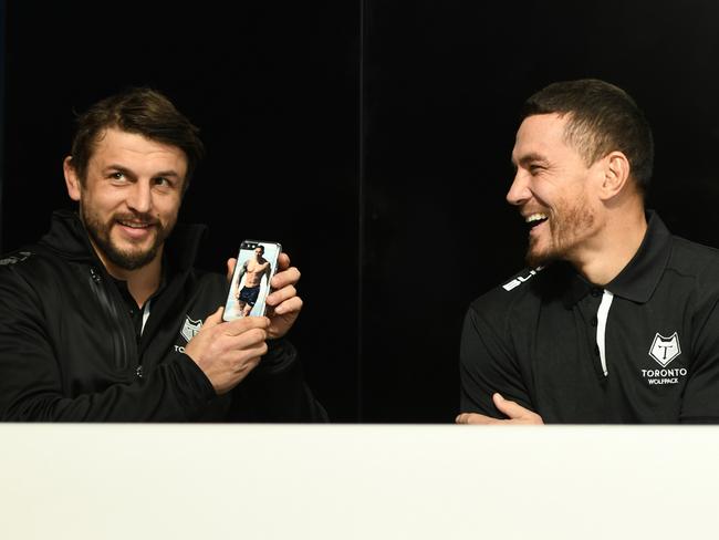 Sonny Bill Williams (right) being teased by teammate Jon Wilkin. Picture: Taken at the Etihad Campus in Manchester, UK