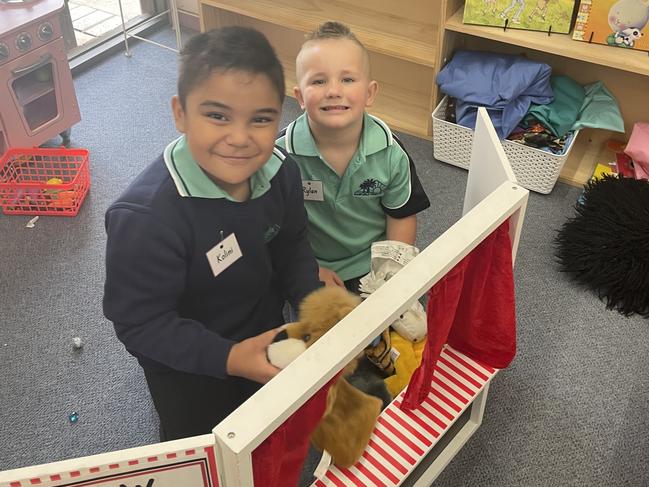 Kolini and Rylan on their first day at Ranfurly Primary School. Picture: Stuart Kavanagh