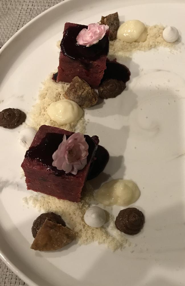 “Two squares of the pudding arrive prettily presented but with the look and texture of pink kitchen sponge, and none of the advertised raspberry sorbet.”