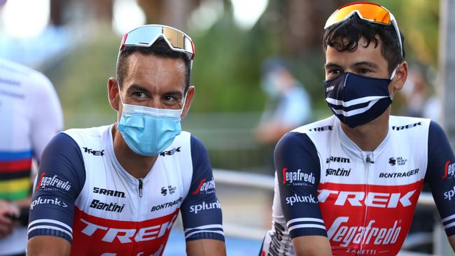 Richie Porte, left, masks up for Team Trek Segafredo. Picture: Getty Images