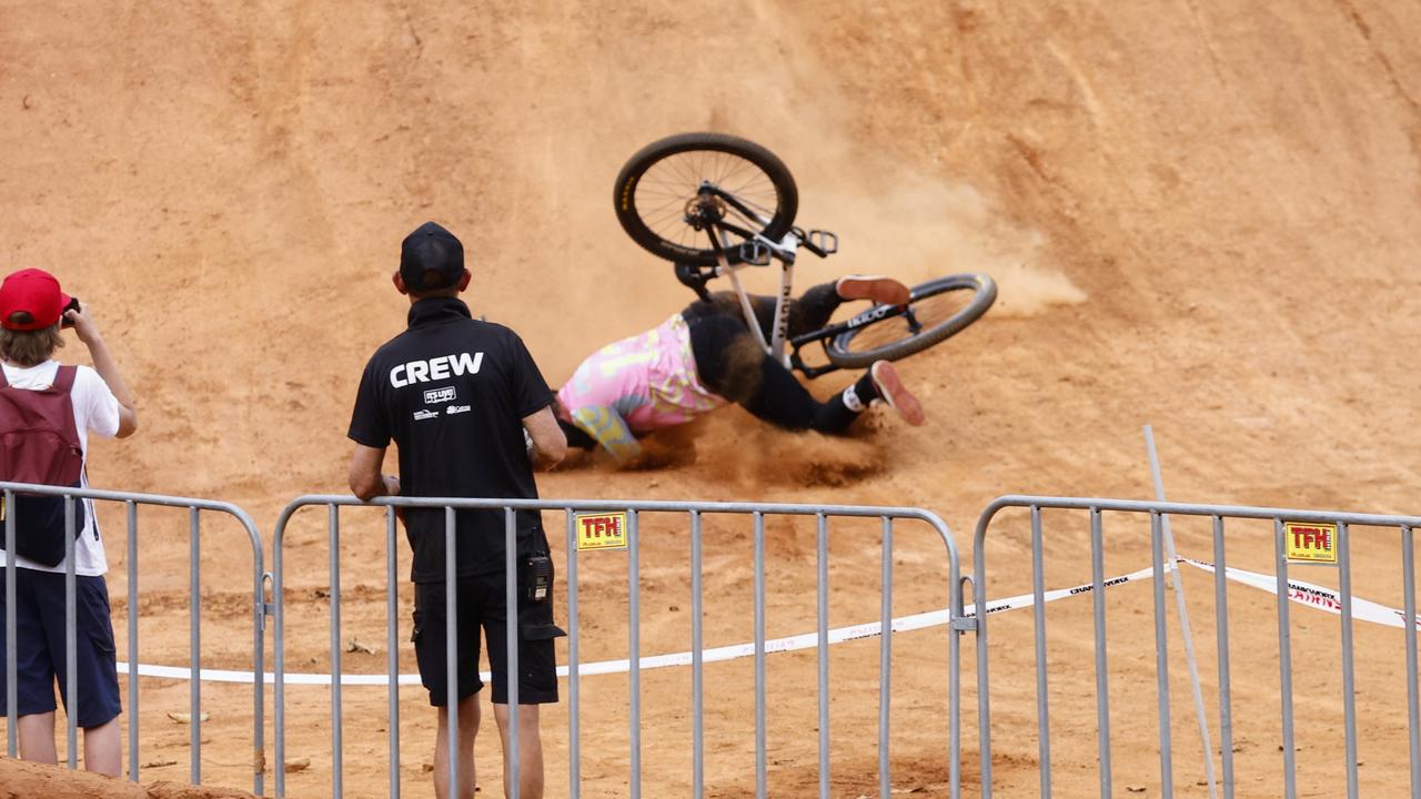 Jayden Fleming crashes hard in the National Whipoff Championship on Day One of Crankworx Cairns. Picture: Brendan Radke