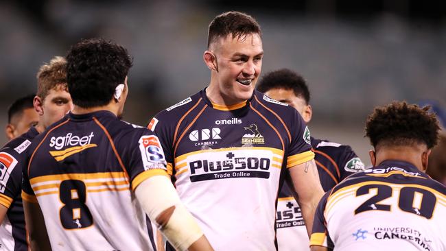 Cadeyrn Neville celebrates a turnover among with his team, Brumbies. Picture: Getty Images