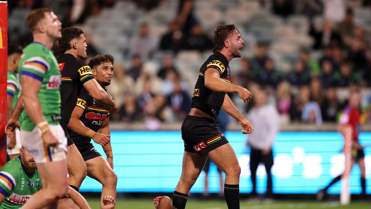 Jaeman Salmon was fired up after scoring against the Raiders, delivering a return serve with his “weak gutted dog” spray. Picture: Getty Images.