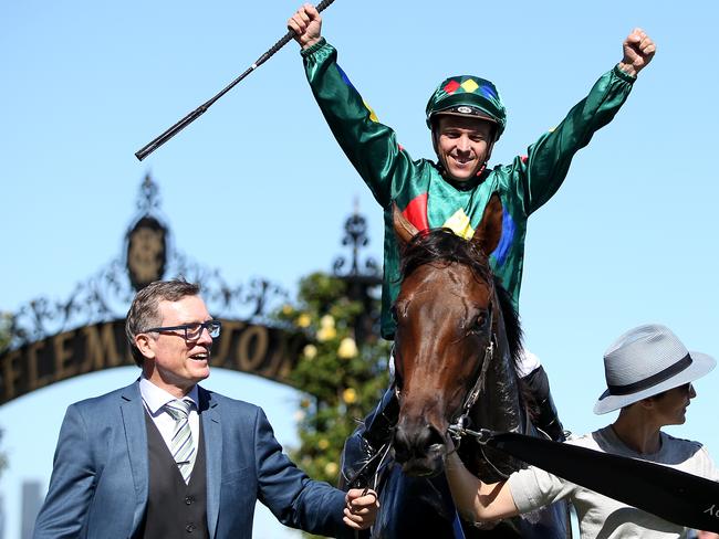 MELBOURNE, AUSTRALIA - FEBRUARY 29: Ryan Maloney riding Alligator Blood celebrates after winning Race 7 the Kennedy Australian Guineas during Melbourne Racing at Flemington Racecourse on February 29, 2020 in Melbourne, Australia. (Photo by Jack Thomas/Getty Images)