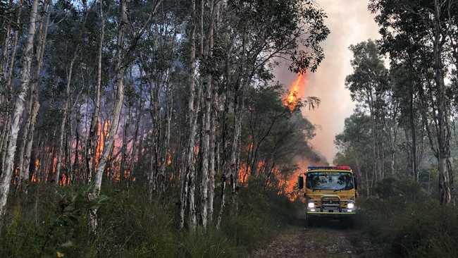 Maroochy River Rural Brigade races down a fire line at the height of fierce bush fires on the Noosa River North Shore yesterday that are now subject to an arson investigation. Photo: Contributed