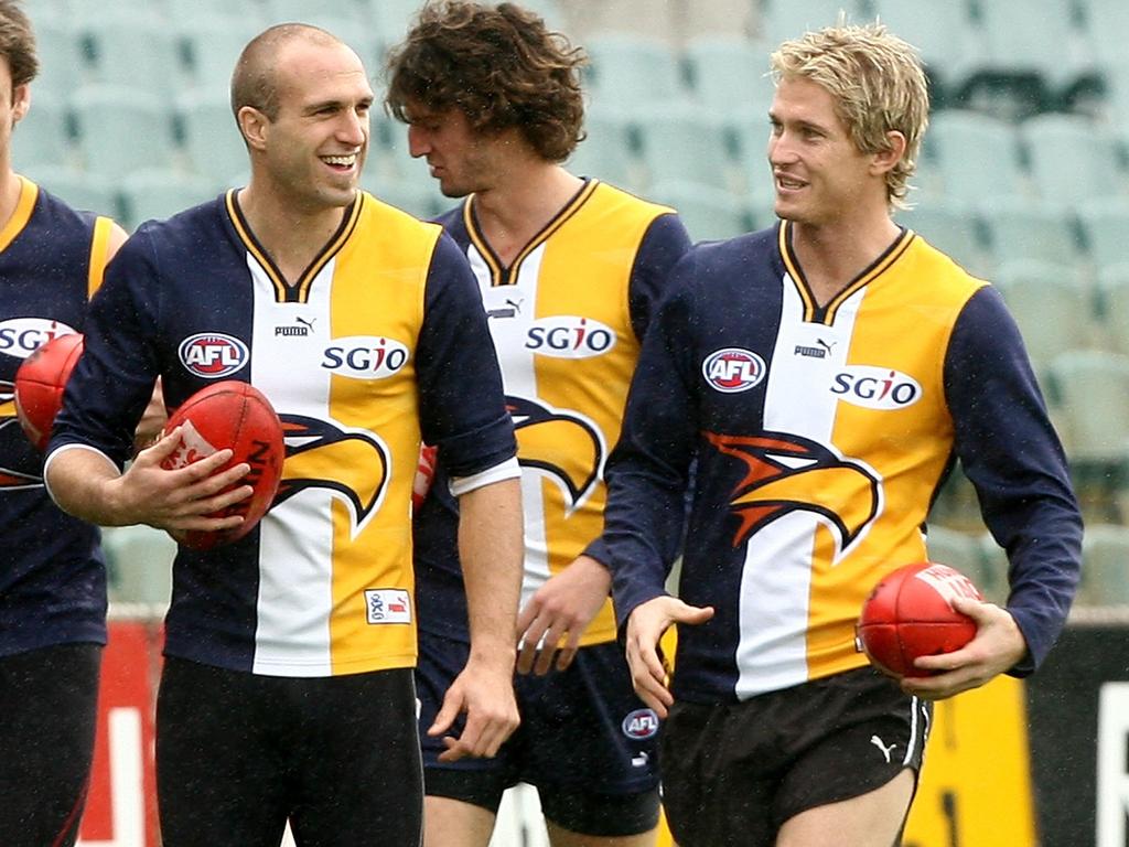 Chris Judd, Matthew Spangher and Adam Selwood in 2007. Picture: Paul Kane