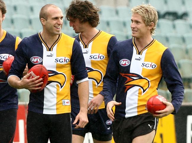 Chris Judd, Matthew Spangher and Adam Selwood in 2007. Picture: Paul Kane
