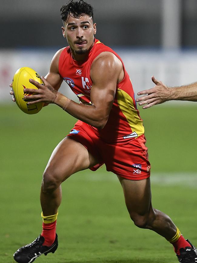 Gold Coast Suns excitement machine  Izak Rankine against the Bulldogs during the 2019 JLT Community match at Great Barrier Reef Arena. Picture: Ian Hitchcock/Getty