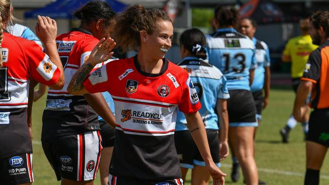 Rhiannon Fecht celebrates a try for the Litchfield Bears against the Northern Sharks in the 2023 NRL NT semi finals. Picture: Pema Tamang Pakhrin