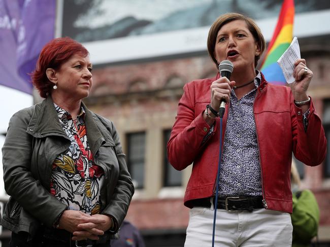 Virginia Edwards, left, is the partner of Prime Minister Tony Abbott's sister Christine Forster. Both have been rallying in support of same-sex marriage.