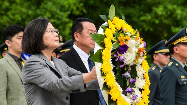 Tsai Ing-wen pays tribute to fallen soldiers at a war memorial on Kinmen, Taiwan, on Wednesday. Picture: AFP