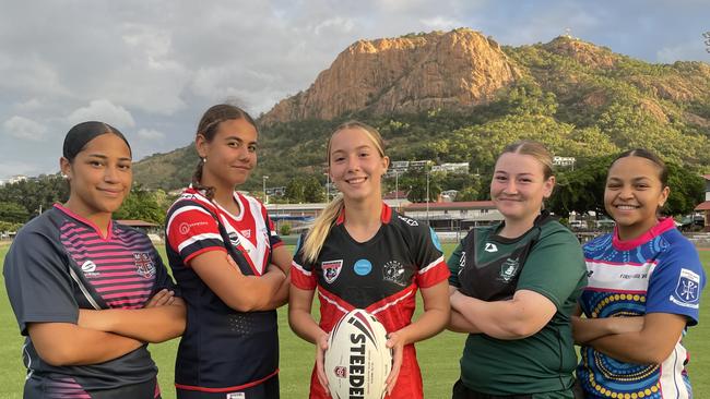 Players pose ahead of the 2024 North Queensland Cowboys Schoolgirl Cup. Selina Cowley (Mackay SHS), Paige Mooney (St Patrick's College, Mackay), Ava Wagner (Kirwan SHS, Townsville), Isabelle Kennedy (Trinity Bay SHS, Cairns), Taya Bowie (St. Margaret Mary’s College, Townsville). Picture: Patrick Woods.