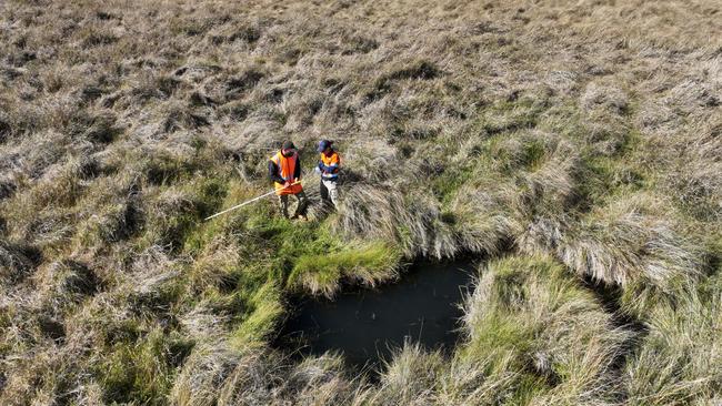 Workers take surface samples from a spring