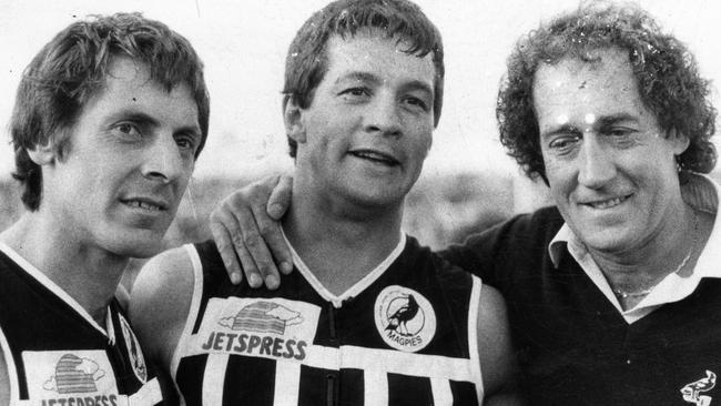 David Granger (middle) celebrates Port Adelaide’s 1981 SANFL grand final win against Glenelg with captain Russell Ebert (left) and coach John Cahill.