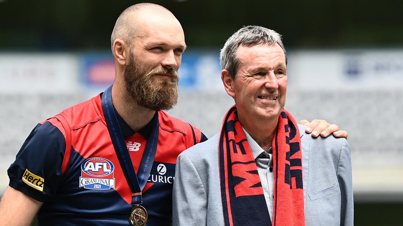 Melbourne skipper Max Gawn with club legend Neale Daniher. (Photo by Quinn Rooney/Getty Images)