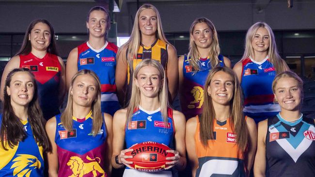 2023 AFLW draft first round picks. Back: Alyssia Pisano, Cleo Buttifant, Mikayla Williamson, Sophie Peters and Brooke Barwick. Front: Elaine Grigg, Jessica Rentsch, Evie Long, Kristie-Lee Weston-Turner, Kaitlyn Srhoj, Piper Window and Lila Keck. Picture: Wayne Taylor