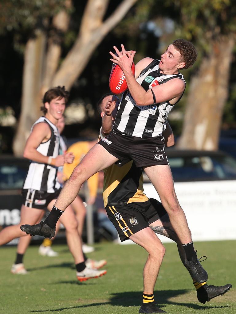 North Geelong's Cooper Pasque marks. GDFNL North Geelong v Bannockburn. Picture: Alan Barber