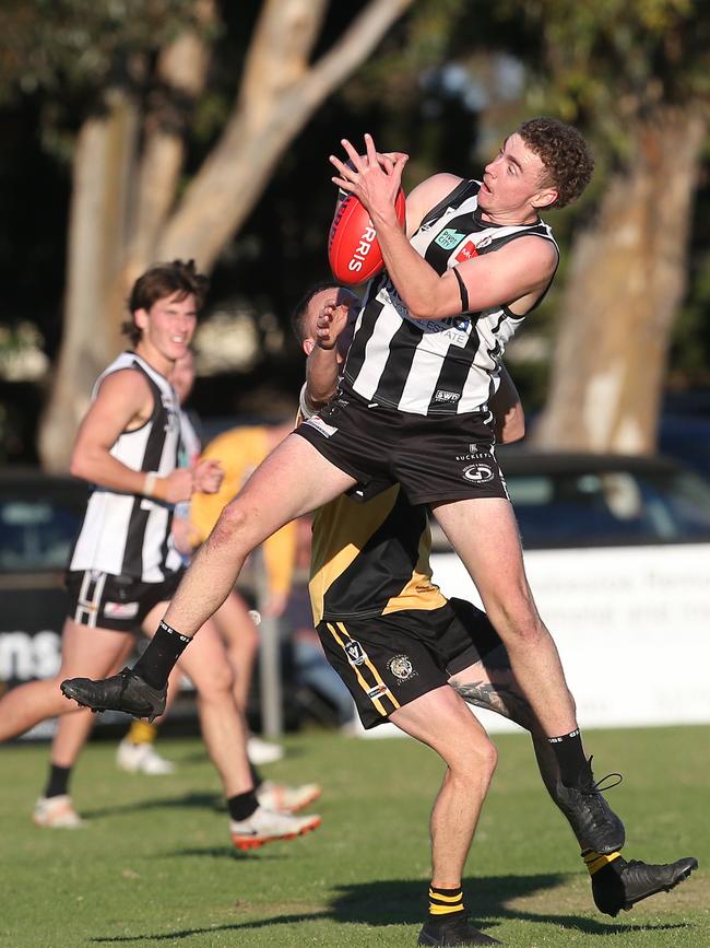 North Geelong's Cooper Pasque marks. GDFNL North Geelong v Bannockburn. Picture: Alan Barber