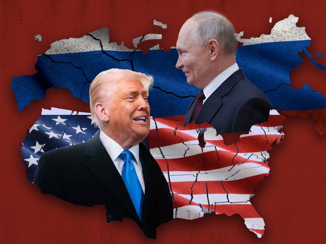 DO NOT USE Embargoed for Inquirer February 15-16. 13 February 2025; Vladimir Putin and Donald Trump face each other with the country outlines of Russia and the United States in the background, covered by their respective flags. Artwork by Emilia Tortorella. Sources: AFP, iStock and Supplied. Ratio 4:3 for PRINT.