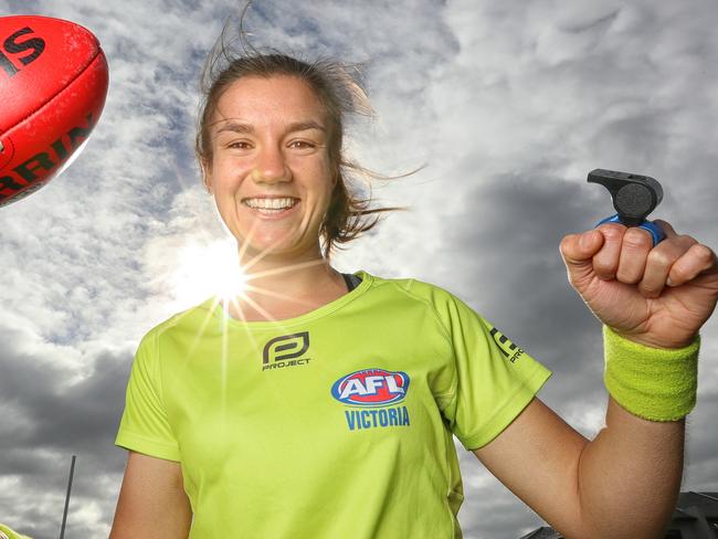 HOLD FOR THE SUNDAY HERALD SUN---Annie Mirabile, 23, next woman in line to become an AFL umpire. She has been umpiring VFL this season. Picture: Alex Coppel.