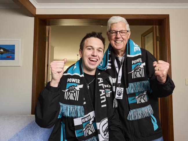 Josh Rogers with his grandfather, Kent Rogers at home in Coromandel Valley, where they managed to purchase Semi-final AFL tickets online, Tuesday, Aug. 27, 2024. Picture: Matt Loxton