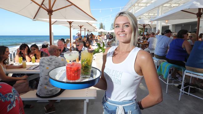 Bartender Chenea Rooke serving cocktails at the Burleigh Pavilion during its first week of trading. Picture: Glenn Hampson