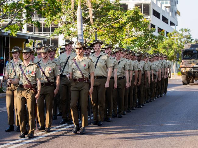 More than 200 soldiers from 8th/12th Regiment, Royal Australian Artillery at the Freedom of Entry march through Palmerston on Friday. Picture: Pema Tamang Pakhrin