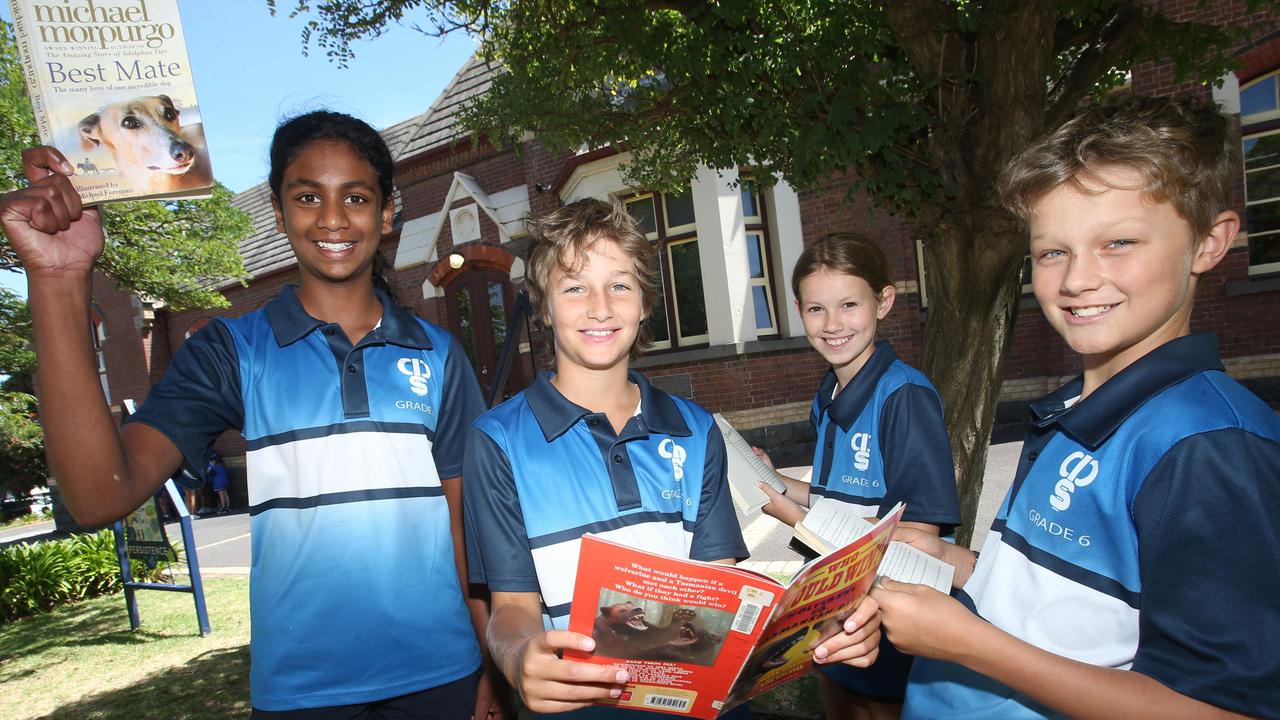 Grade 6s Sayuni Dharmasena, Henry George, Annabel Zanoni and Archie Sleep. Newtown's Chilwell Primary scored top class NAPLAN results. Picture: Alan Barber