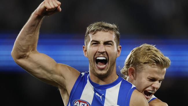 MELBOURNE, AUSTRALIAÃ June 16, 2024.  AFL Round 14. North Melbourne vs Collingwood at Marvel Stadium.   Will Phillips of the Kangaroos celebrates a 3rd quarter goal with Jackson Archer       . Pic: Michael Klein